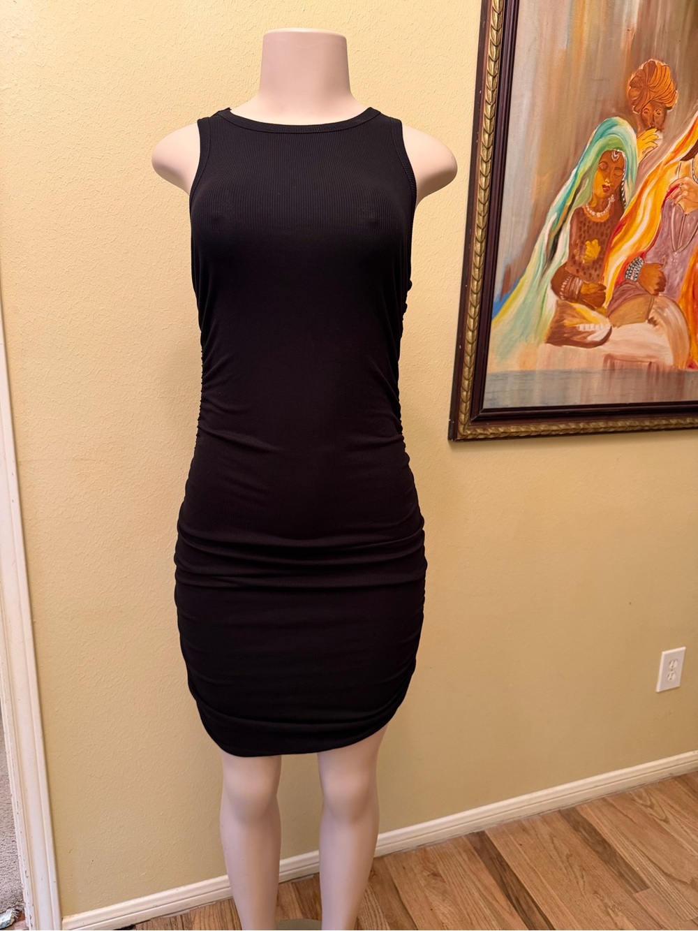 Sleeveless Black Ruched Tank Dress